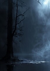Obraz premium Mysterious Night Forest with Rain and Fog, Silhouetted Tree and Bats in Moonlight