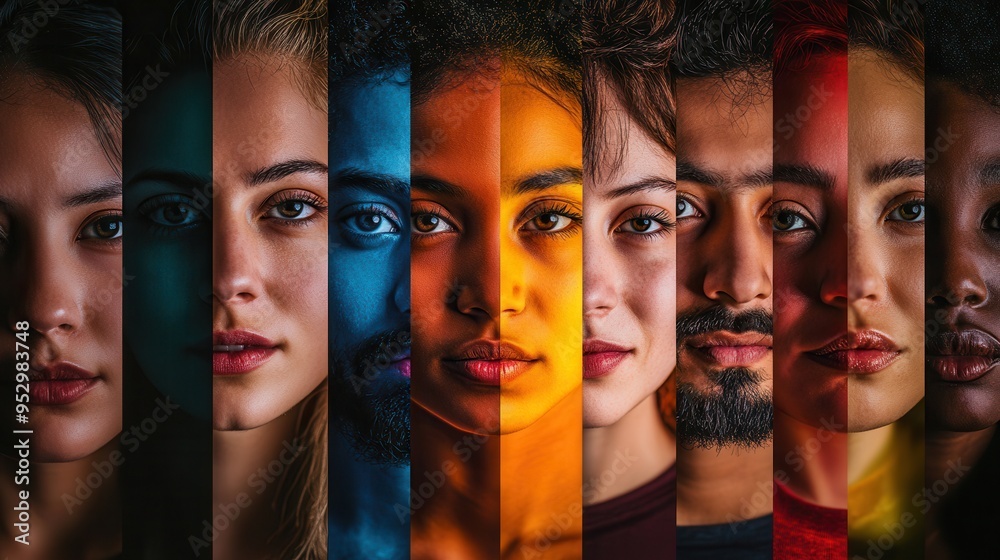 Poster a collection of faces separated by a barrier, showcasing diversity and the contrasts of individual i