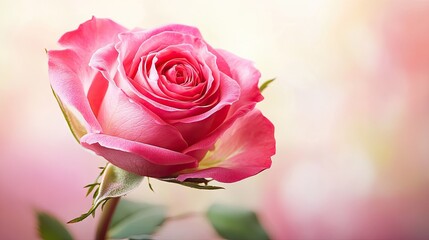 Fototapeta premium A detailed image of a vibrant pink rose with space on the top for text, set against a soft background, ideal for romantic occasions.