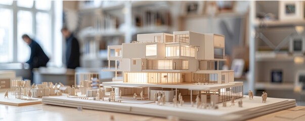 Architectural Model of Modern Building in Design Studio with Natural Light and Blurred Background