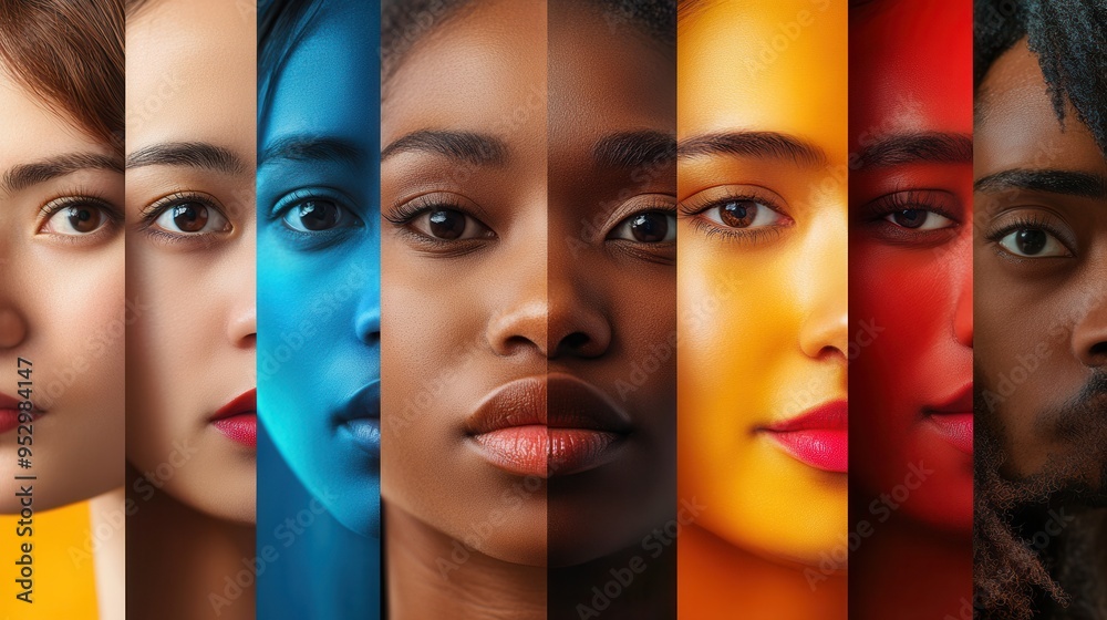 Poster brightly colored faces reflect individuality, revealing the divisions and biases that separate diver