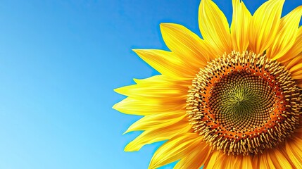 Obraz premium A detailed sunflower with a bright blue sky background, leaving space on the top for text, perfect for summer greetings.