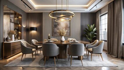 Elegant dining room features curved lines, low-profile seating, and slick metallic accents, set against a gray backdrop and abstract art, exuding modern luxury.