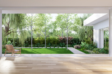 Modern contemporary empty room with wooden terrace overlooking green lawn and tropical style garden view background 3d render illustration
