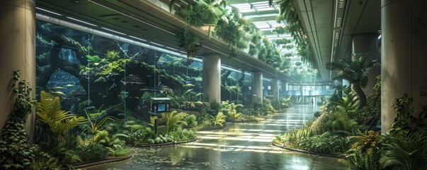 Futuristic Indoor Garden with Lush Greenery and Natural Light in Modern Architectural Setting