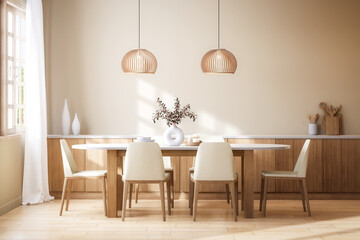 Minimal style modern contemporary dining room interior 3d render there are wooden floor, Decorated with wooden table and white fabric chair, large sunlight entering the room.