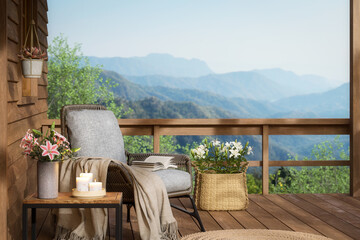 Relaxing corner on the balcony of a wooden house with mountain 3d render, Decorated with fabric chair and flower in vase There are wooden railing overlooking the nature