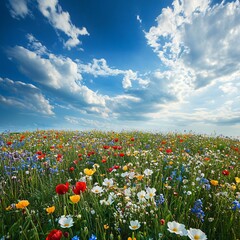 Obraz premium Vibrant wildflower field under a blue sky with fluffy clouds, showcasing nature's beauty and colorful blooms in full bloom.