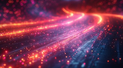 Obraz premium Abstract Neon Light Trails on Dark Background with Bokeh Effect, Futuristic and Vibrant Digital Art