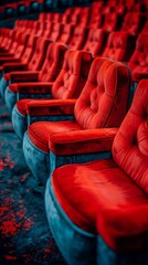 Fototapeta premium Rows of Red Velvet Theater Seats in an Empty Auditorium with Vintage Charm