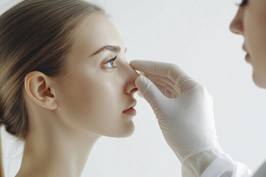 Profile shot of woman consulting before plastic surgery rhinoplasty operation, surgeon touching woman nose before nose job