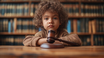a judicial hammer on a table with a child’s image in the background, symbolizing the protection of children’s rights