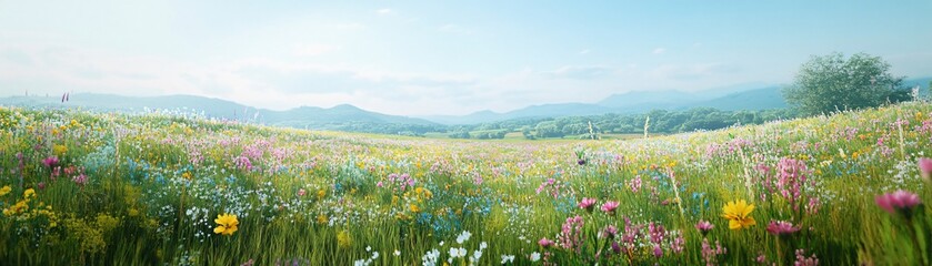 Expansive meadow with vibrant wildflowers, rolling hills, and a serene sky, perfect for nature enthusiasts and landscape lovers.