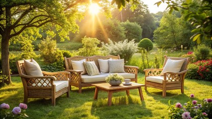 Elegant oak furniture sets the tone amidst lush greenery and blooming flowers, bathed in warm afternoon sunbeams, exuding a serene tranquility that soothes the soul.