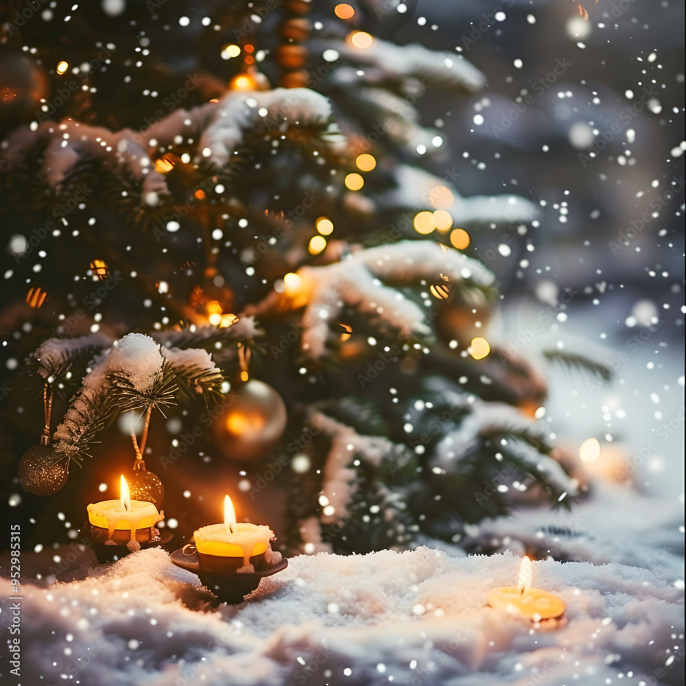 Wall mural three candles are burning in the snow under a christmas tree covered with snow while it's snowing