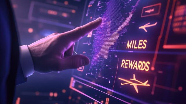 A hand interacts with a digital display showing miles and rewards, suggesting a travel context.