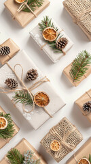 Fototapeta premium Vintage wooden table adorned with a collage of festive food, handmade paper ornaments, and a blank recipe book for a healthy holiday celebration