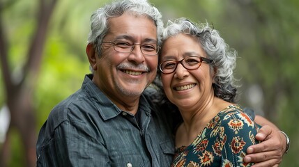 Fototapeta premium A joyful couple smiling and embracing outdoors, showcasing love and companionship.