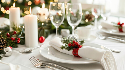 Fototapeta premium Elegant Holiday Table Setting with Candles, Glassware, and Festive Decorations for Christmas Celebration