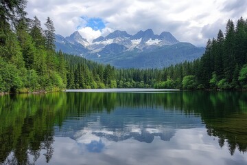 Fototapeta premium Lake Between Forests And Mountains , ai