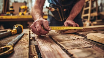 Carpenter Measuring Wood in Workshop
