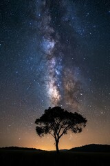 Fototapeta premium Celestial Silhouette: Lone Tree Under the Milky Way
