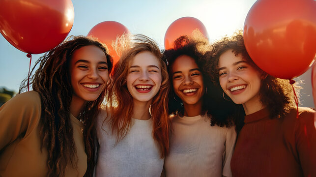 Celebrating Equality: Women with Balloons and Smiles for Women's Equality Day - Powered by Adobe