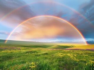 Naklejka premium Dramatic Double Rainbow Arcing Over Meadow