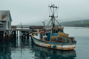 Obraz premium Rustic Pier with Fishing Boat and Lobster Traps