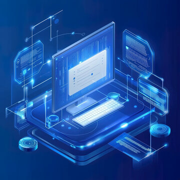 futuristic and scientific illustration of comper screen and floating windows with program code on a dark background