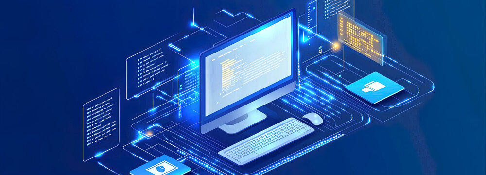 futuristic and scientific illustration of comper screen and floating windows with program code on a dark background