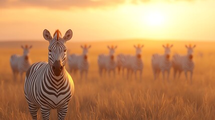 Obraz premium Plains animals, zebras and wildebeests, African savanna, 3D illustration