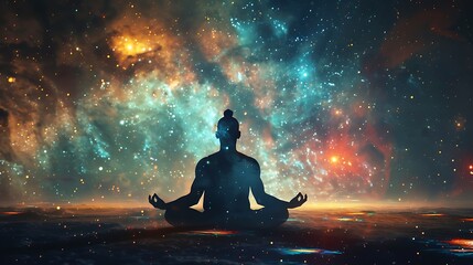 A serene silhouette meditating in a cosmic landscape, symbolizing peace and mindfulness.