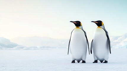 Antarctic animals, emperor penguins, icy expanse, 3D illustration