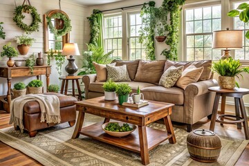 farmhouse-cozy-whimsical-living-room-furniture-with-rustic-chic-contemporary-mocha-brown-painted-wood-finish-eclectic-style-vintage-rustic-milking-stool-greenery-brass-accents