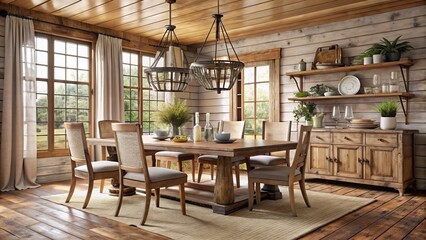 Fototapeta premium farmhouse dining room furniture ideas rustic wooden tables vintage chandeliers soft blush color schemes distressed