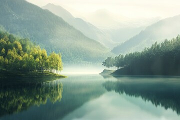 Naklejka premium Lake Between Forests And Mountains , ai