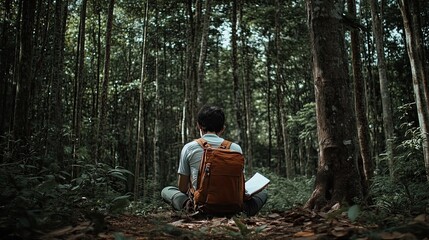 Fototapeta premium A person sitting in a forest, reading a book with a backpack nearby.