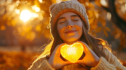 A joyful person holding a glowing heart-shaped light in a warm autumn setting.
