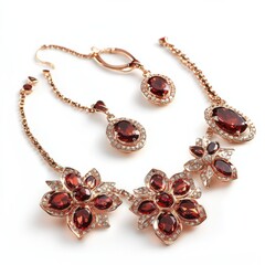 Obraz premium Garnet Jewelry Set: A stunning red garnet necklace and earrings set with sparkling silver and gold details. The floral design exudes elegance and sophistication.
