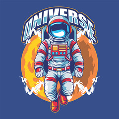 Astronaut Explore Universe in Hand Drawn Vector Cartoon Illustration Design for sticker, badge, patch, banner, greeting card, invitation