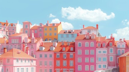 Fototapeta premium Colorful European Village with Vibrant Pastel Buildings Under a Bright Blue Sky