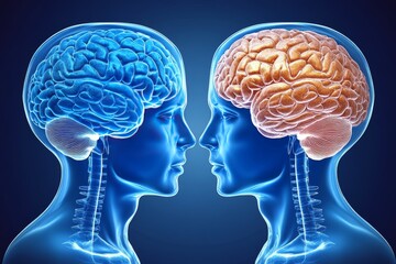 Obraz premium Dual Blue and Orange Brain Illustrations Symbolizing Cognitive Duality Emotional Contrast and the Power of Thought in a Futuristic Conceptual Setting