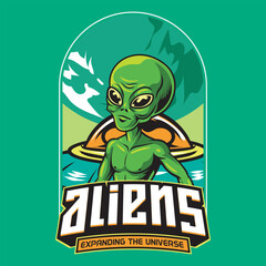 Funny Cute Alien UFO Expanding the Universe in Hand Drawn Vector Cartoon Illustration Design for sticker, badge, patch, banner, greeting card, invitation