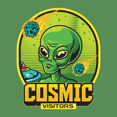 Funny Cute Alien UFO Cosmic Visitor in Hand Drawn Vector Cartoon Illustration Design for sticker, badge, patch, banner, greeting card, invitation