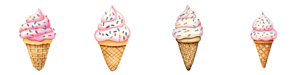 Charming illustration of ice cream cones with pink toppings and sprinkles, perfect for summer and dessert-themed designs. isolated on a transparent background
