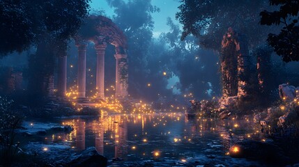 Fototapeta premium Enchanted forest clearing with a glowing pond fireflies and ancient ruins at twilight Fairy tale-inspired with glowing elements soft mystical lighting and 3D-rendered enchanted flora