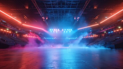 Fototapeta premium Vibrant E-Sports Arena with Neon Lights and Smoke Effects - Perfect for Gaming Event Backgrounds