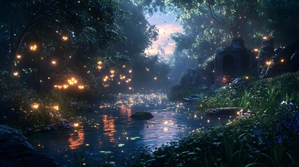 Obraz premium Enchanted forest clearing with a glowing pond fireflies and ancient ruins at twilight Fairy tale-inspired with glowing elements soft mystical lighting and 3D-rendered enchanted flora