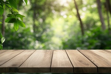 Empty wood table top with blur background of nature lush green forest. The table giving copy space for placing advertising product on the table along with beautiful green forest nature background , ai